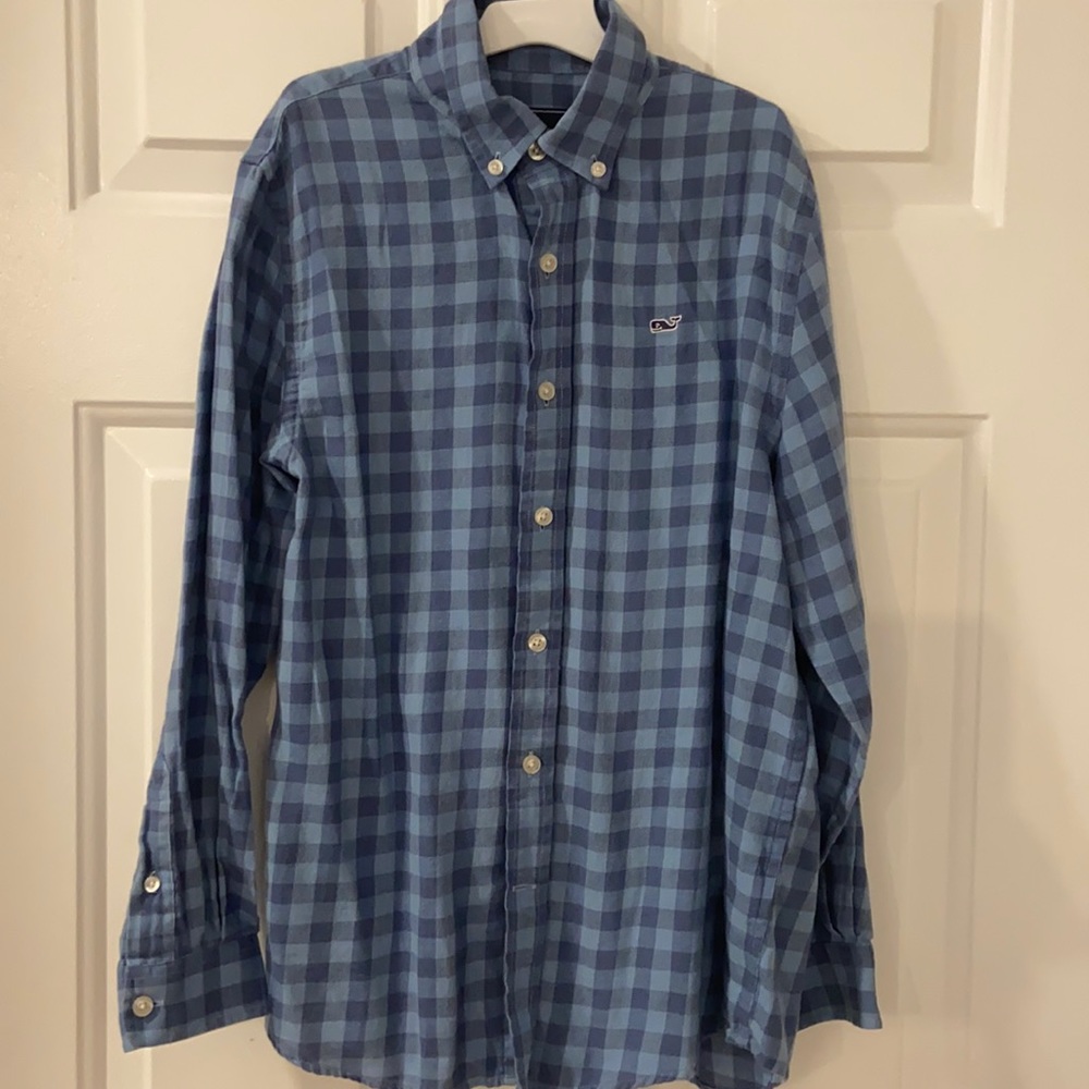 M 12/14 VINEYARD VINES SOFT WHALE SHIRT CHECK COTTON/LINEN LIKE NEW BLUE